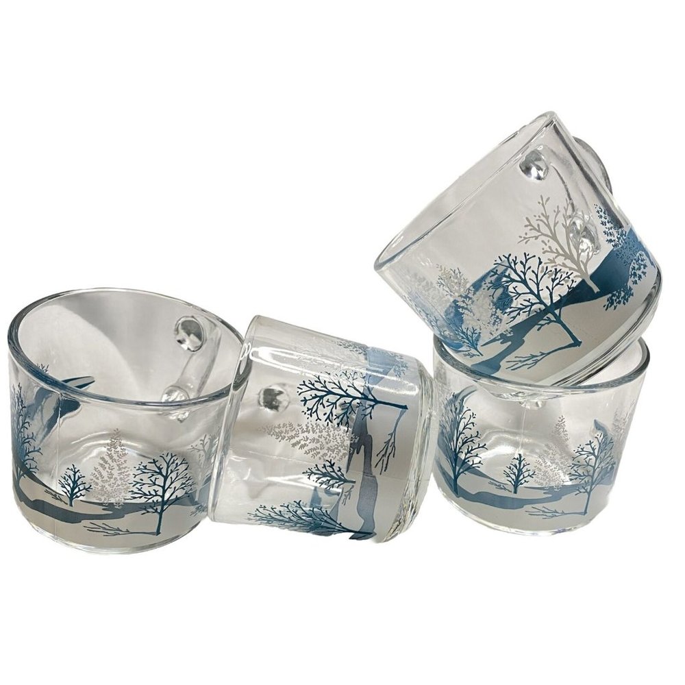 Anchor Hocking Clear Glass Coffee Tea Cups Mugs Winter Blue Scene Trees